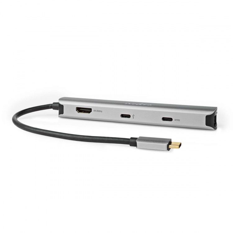 Nedis USB N Moniporttisovitin | USB 3.2 Gen 1 | USB-C™ Uros | HDMI™ Ulostulo / RJ45 Naaras / 2x USB-A Naaras / 2x USB-C™ | 5 Gbps | 0.20 m | Pyöreä | Kullattu | PVC | Antrasiitti | Laatikko