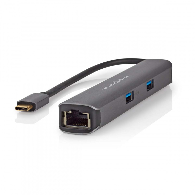 Nedis USB N Moniporttisovitin | USB 3.2 Gen 1 | USB-C™ Uros | HDMI™ Ulostulo / RJ45 Naaras / 2x USB-A Naaras / 2x USB-C™ | 5 Gbps | 0.20 m | Pyöreä | Kullattu | PVC | Antrasiitti | Laatikko