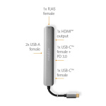 Nedis USB N Moniporttisovitin | USB 3.2 Gen 1 | USB-C™ Uros | HDMI™ Ulostulo / RJ45 Naaras / 2x USB-A Naaras / 2x USB-C™ | 5 Gbps | 0.20 m | Pyöreä | Kullattu | PVC | Antrasiitti | Laatikko