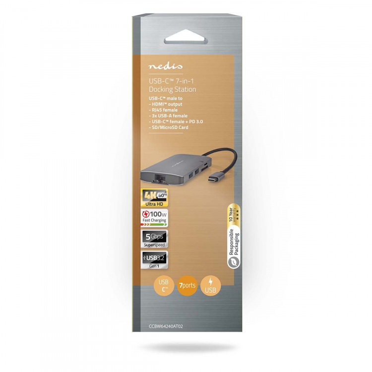 Nedis USB N Moniporttisovitin | 7-in-1 | USB 3.2 Gen 1 | USB-C™ Uros | HDMI™ Ulostulo / Micro SD / RJ45 Naaras / SD / USB-C™ Naaras / 3x USB-A Naaras | 5 Gbps | 0.20 m | Pyöreä | Kullattu | PVC | Antrasiitti | Laatikko