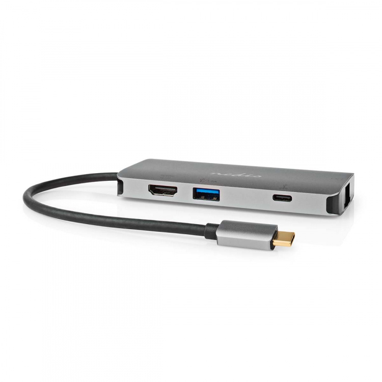 Nedis USB N Moniporttisovitin | 7-in-1 | USB 3.2 Gen 1 | USB-C™ Uros | HDMI™ Ulostulo / Micro SD / RJ45 Naaras / SD / USB-C™ Naaras / 3x USB-A Naaras | 5 Gbps | 0.20 m | Pyöreä | Kullattu | PVC | Antrasiitti | Laatikko