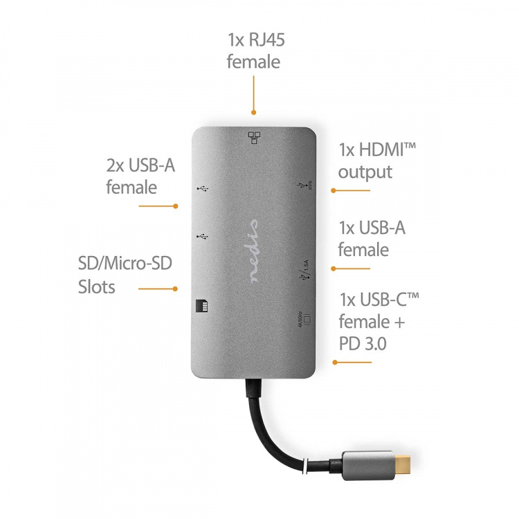 Nedis USB N Moniporttisovitin | 7-in-1 | USB 3.2 Gen 1 | USB-C™ Uros | HDMI™ Ulostulo / Micro SD / RJ45 Naaras / SD / USB-C™ Naaras / 3x USB-A Naaras | 5 Gbps | 0.20 m | Pyöreä | Kullattu | PVC | Antrasiitti | Laatikko