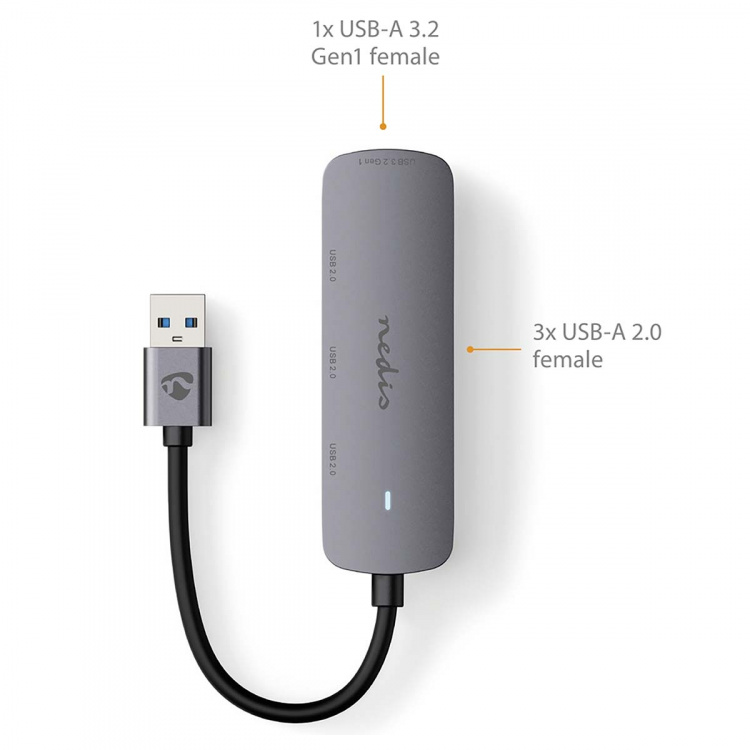Nedis USB-keskitin | USB-A Male | 4x USB A Female | 4-Porttinen port(s) | USB 2.0 / USB 3.2 Gen 1 | USB Virta