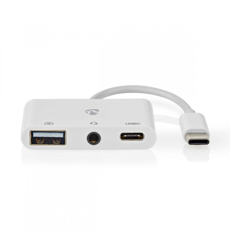 Nedis USB N Moniporttisovitin | 3-in-1 | USB 2.0 | USB-C™ Uros | USB-A Naaras / USB-C™ Naaras / 3.5 mm naaras | 480 Mbps | 0.10 m | Pyöreä | Niklattu | PVC | Valkoinen | Laatikko