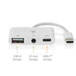 Nedis USB N Moniporttisovitin | 3-in-1 | USB 2.0 | USB-C™ Uros | USB-A Naaras / USB-C™ Naaras / 3.5 mm naaras | 480 Mbps | 0.10 m | Pyöreä | Niklattu | PVC | Valkoinen | Laatikko