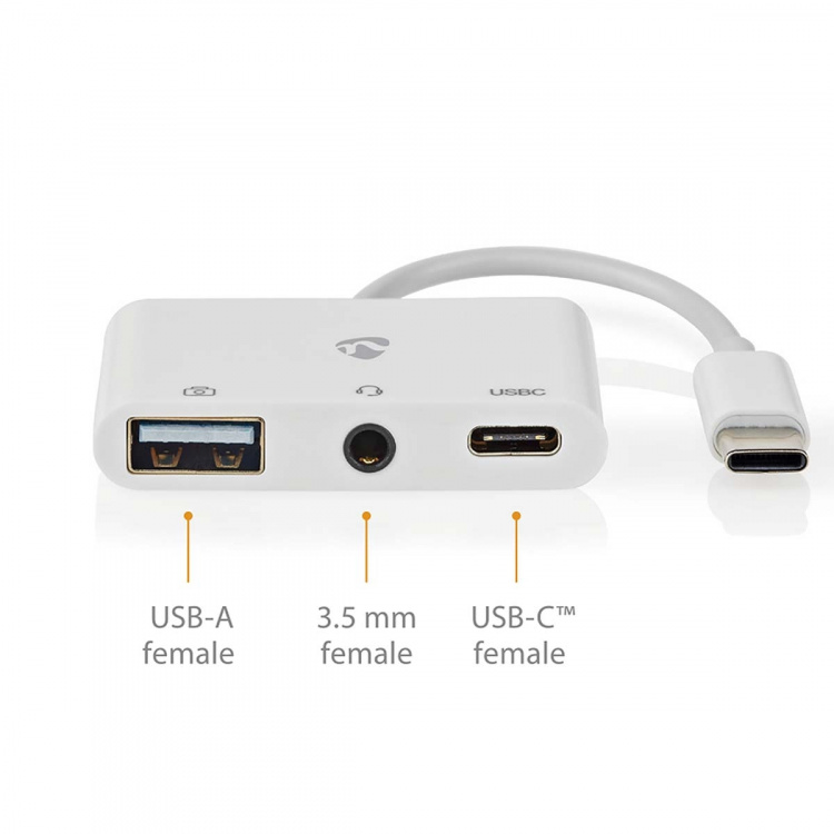 Nedis USB N Moniporttisovitin | 3-in-1 | USB 2.0 | USB-C™ Uros | USB-A Naaras / USB-C™ Naaras / 3.5 mm naaras | 480 Mbps | 0.10 m | Pyöreä | Niklattu | PVC | Valkoinen | Laatikko
