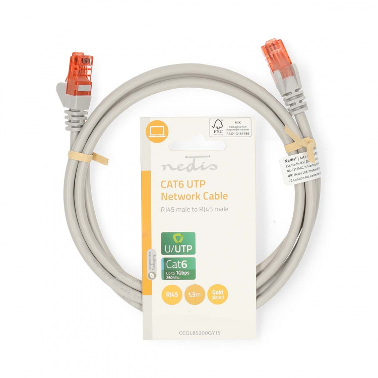 Nedis CAT6 Verkkokaapeli | RJ45 uros | RJ45 uros | U/UTP | 1.50 m | Pyöreä | PVC | Harmaa | Label
