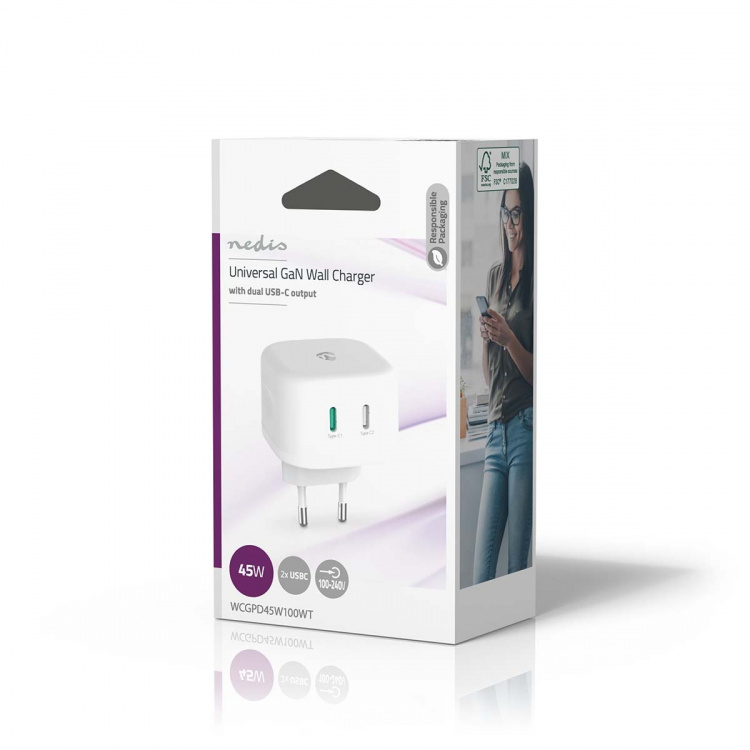 Nedis Seinälaturi | 45 W | GaN | PD3.0 45W | Pikalataus-toiminto | 2.25 A / 3.0 A | Lähtöliitäntöjen määrä: 2 | 2x USB-C™ | Automaattinen Jännitteen Valinta | Valkoinen Nedis Seinälaturi | 45 W | GaN | PD3.0 45W | Pikalataus-toiminto | 2.25 A / 3.0 A | Lähtöliitäntöjen määrä: 2 | 2x USB-C™ | Automaattinen Jännitteen Valinta | Valkoinen