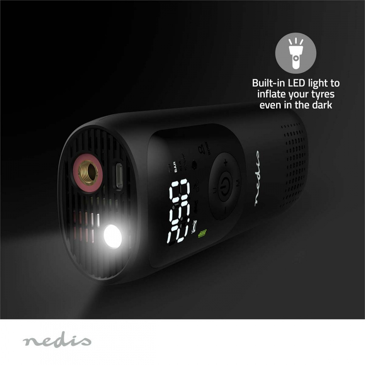 Nedis Ladattava ilmakompressori | 0.1 - 10.3 Bar | Dunlop Venttiili | Toimintatilat: Auto / Moottoripyörä / Polkupyörä / Pallo | Kyllä | Ilmanpainemittari