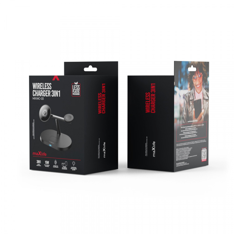 Maxlife MXWC-03 - 3-in-1 langaton latausasema, 15W, musta