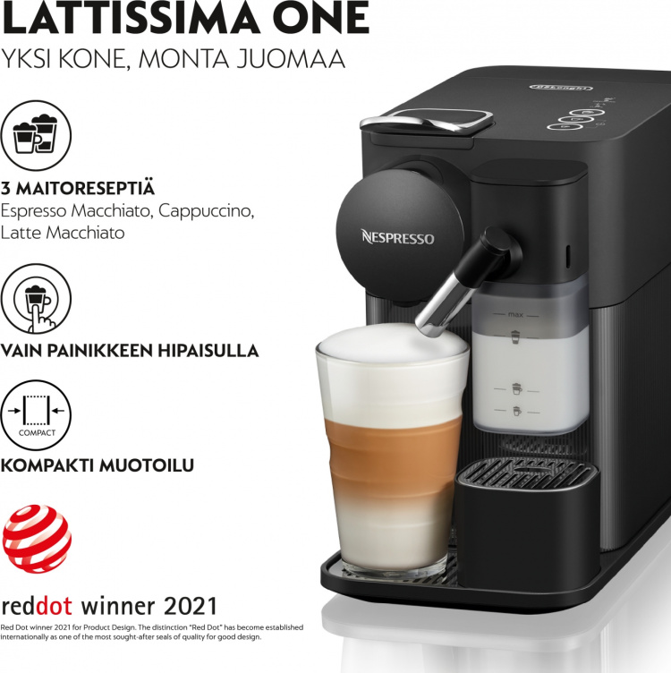DeLonghi Nespresso Lattissima One Evo -kapselikeitin, musta DeLonghi Nespresso Lattissima One Evo -kapselikeitin, musta
