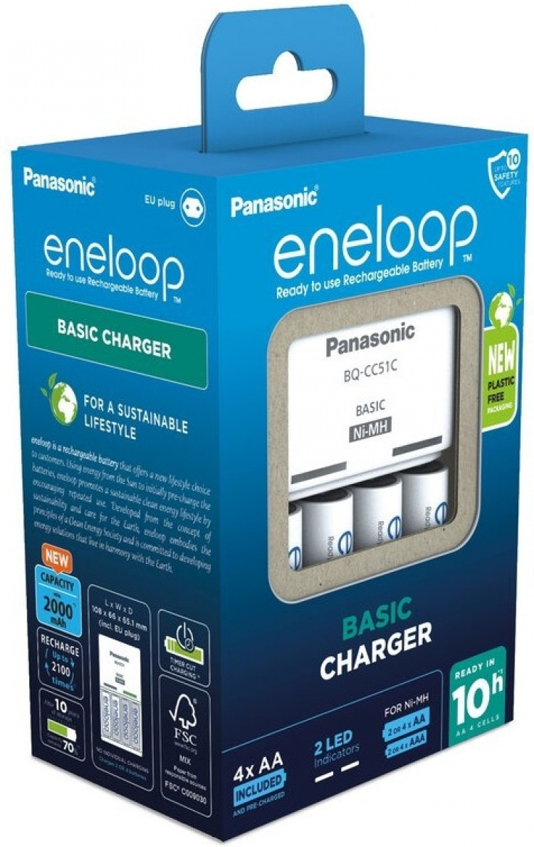 Panasonic Eneloop BQ-CC51-latauslaite + 4 kpl 2000 mAh AA-akkuparistoja