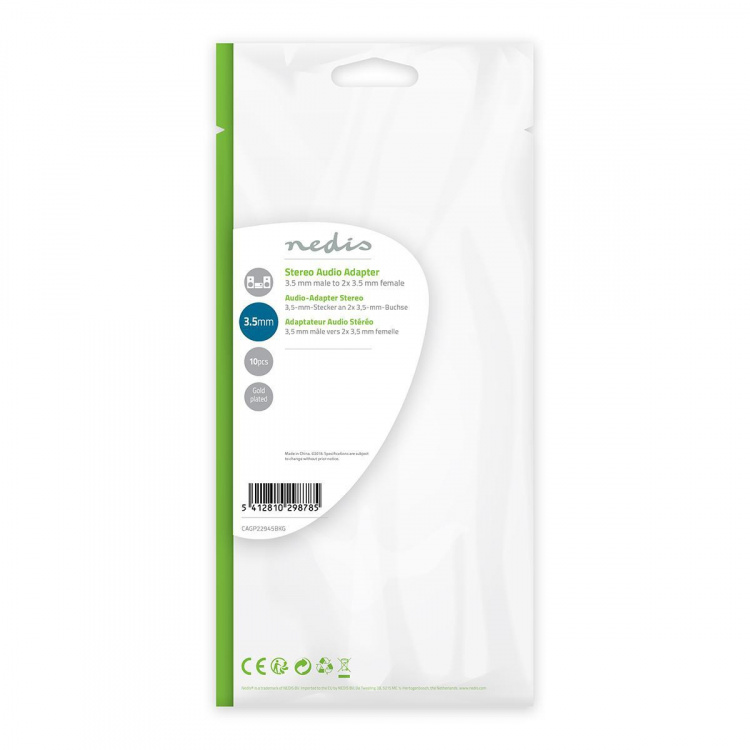 Nedis Stereoäänisovitin | 3.5 mm uros | 2x 3.5 mm naaras | Kullattu | Suora | ABS-Muovi | Musta | 10 kpl | Muovipussi