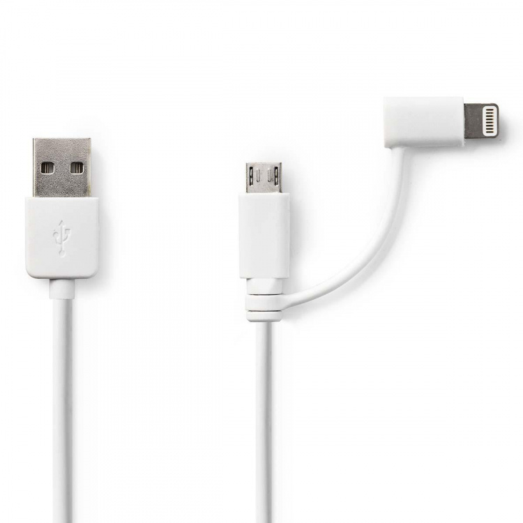 Nedis 2 in 1 kaapeli | USB 2.0 | USB-A Uros | Apple Lightning 8-Pin / USB Micro-B Uros | 480 Mbps | 1.00 m | Niklattu | Pyöreä | PVC | Valkoinen | Muovipussi