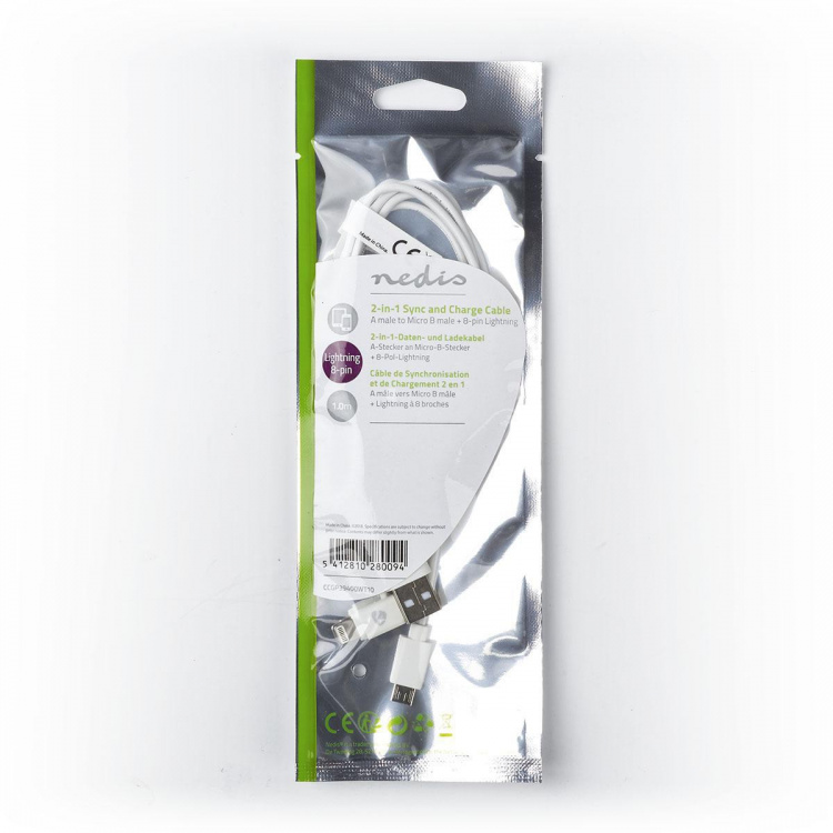Nedis 2 in 1 kaapeli | USB 2.0 | USB-A Uros | Apple Lightning 8-Pin / USB Micro-B Uros | 480 Mbps | 1.00 m | Niklattu | Pyöreä | PVC | Valkoinen | Muovipussi