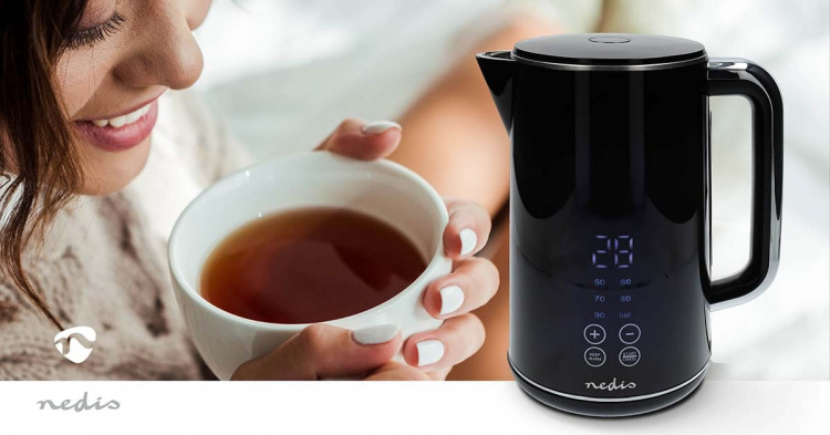 Nedis Vedenkeitin | 1.7 l | Muovi | Musta | 50,60,70,80,90,100 °C | Lämpötilailmaisin | Pyörivä 360 astetta | Piilotettu lämmityselementti | Strix® ohjain | Tyhjäksi kiehumisen suoja Nedis Vedenkeitin | 1.7 l | Muovi | Musta | 50,60,70,80,90,100 °C | Lämpötilailmaisin | Pyörivä 360 astetta | Piilotettu lämmityselementti | Strix® ohjain | Tyhjäksi kiehumisen suoja