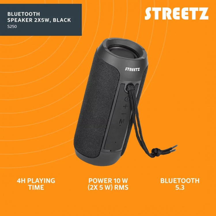 Streetz S250 Bluetooth Speaker 2x5W, AUX, micro SD slot, black Streetz S250 Bluetooth Speaker 2x5W, AUX, micro SD slot, black