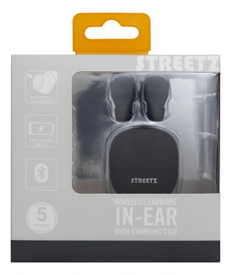 Streetz T200 True Wireless in-ear, dual earbuds, charge case, black