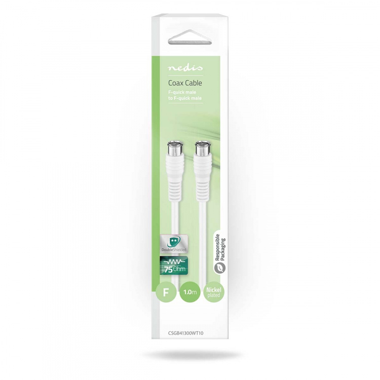 Nedis Satelliitti- ja Antennikaapeli | F-pikaliitin uros | F-pikaliitin uros | Niklattu | 75 Ohm | Tuplasuojattu | 1.00 m | Pyöreä | PVC | Valkoinen | Laatikko Nedis Satelliitti- ja Antennikaapeli | F-pikaliitin uros | F-pikaliitin uros | Niklattu | 75 Ohm | Tuplasuojattu | 1.00 m | Pyöreä | PVC | Valkoinen | Laatikko