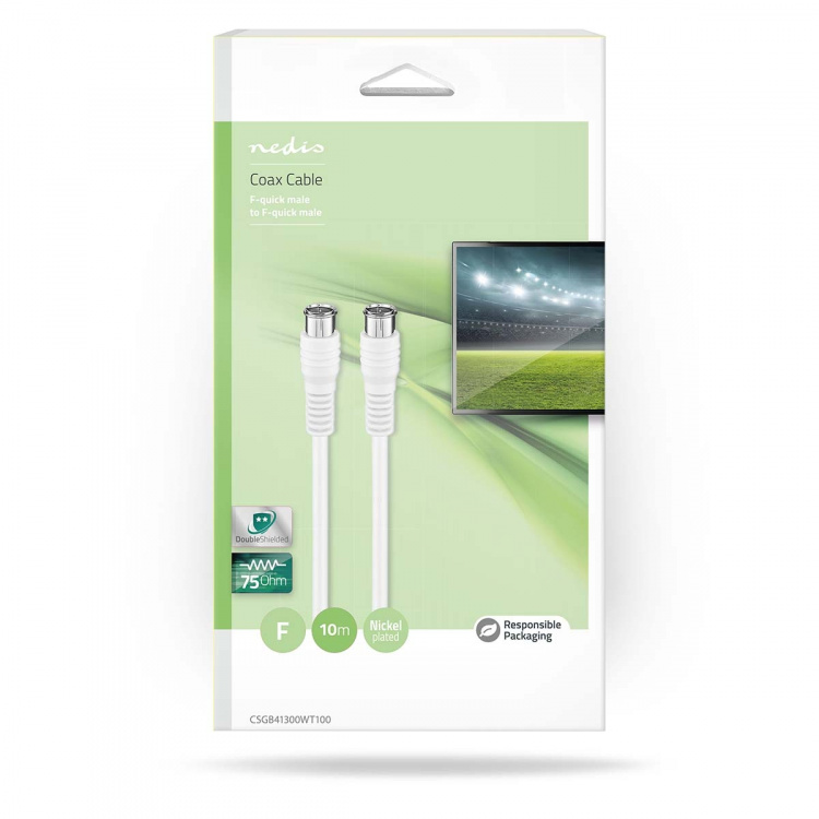 Nedis Satelliitti- ja Antennikaapeli | F-pikaliitin uros | F-pikaliitin uros | Niklattu | 75 Ohm | Tuplasuojattu | 10.0 m | Pyöreä | PVC | Valkoinen | Laatikko