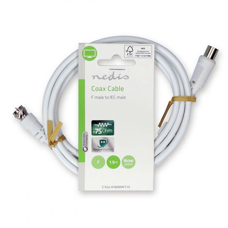 Nedis Satelliitti- ja Antennikaapeli | F uros | IEC (Coax) Uros | Niklattu | 75 Ohm | Tuplasuojattu | 1.50 m | Pyöreä | PVC | Valkoinen | Label Nedis Satelliitti- ja Antennikaapeli | F uros | IEC (Coax) Uros | Niklattu | 75 Ohm | Tuplasuojattu | 1.50 m | Pyöreä | PVC | Valkoinen | Label