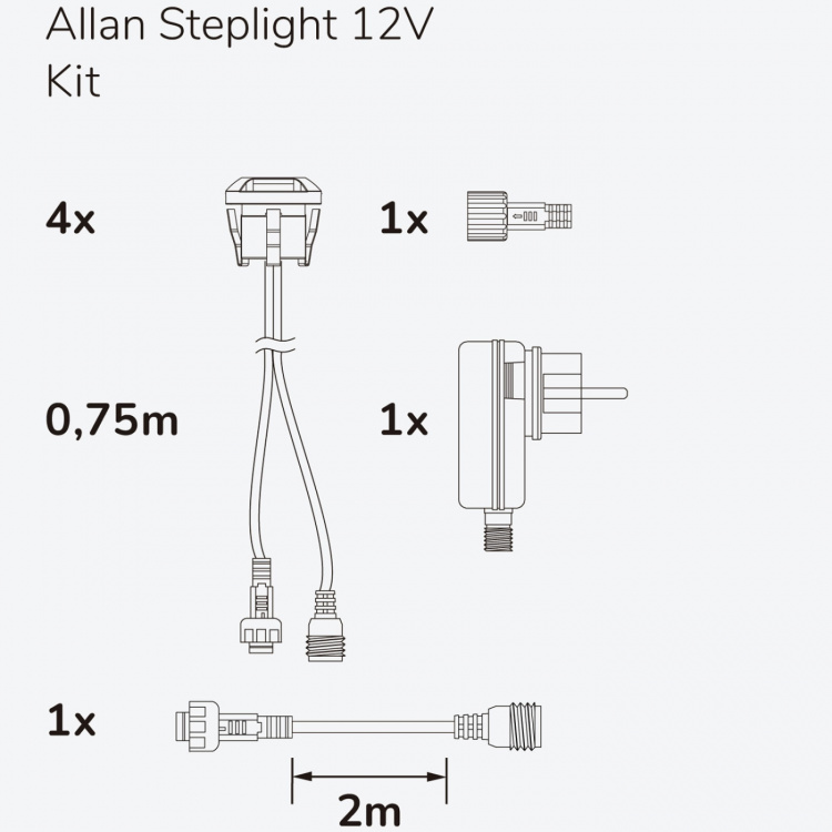 Llitt Allan Steplight kit 4-pack inkl strömadapter 12V 3000K 5lm IP67