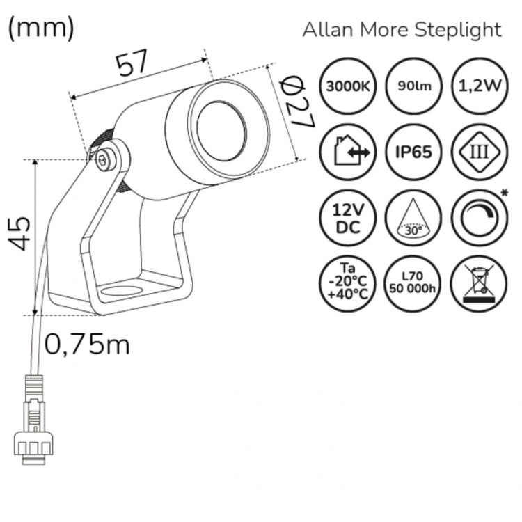 Llitt Allan More Spotlight m metallspjut 1-pack 12V 3000K 100lm IP67