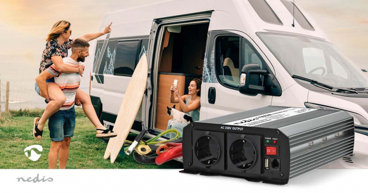 Nedis Invertteri Muunnettu Siniaalto | Tulojännite: 12 V DC | Laitteen lähtövirran liittimet: Type F (CEE 7/3) / USB-A | 230 V AC 50 Hz | 1000 W | Lähtöliitännän huipputeho: 2000 W | Ruuviliitin | Hopea