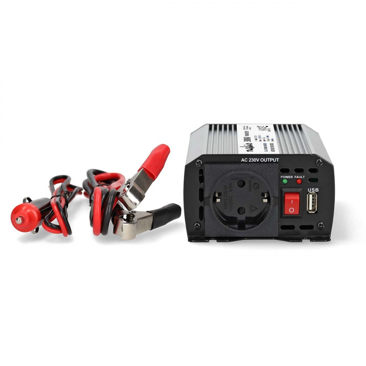 Nedis Invertteri Muunnettu Siniaalto | Tulojännite: 12 V DC | Laitteen lähtövirran liittimet: Type F (CEE 7/3) / USB-A | 230 V AC 50 Hz | 300 W | Lähtöliitännän huipputeho: 600 W | Paristokiinnikkeet + Tupakansytytin | Hopea