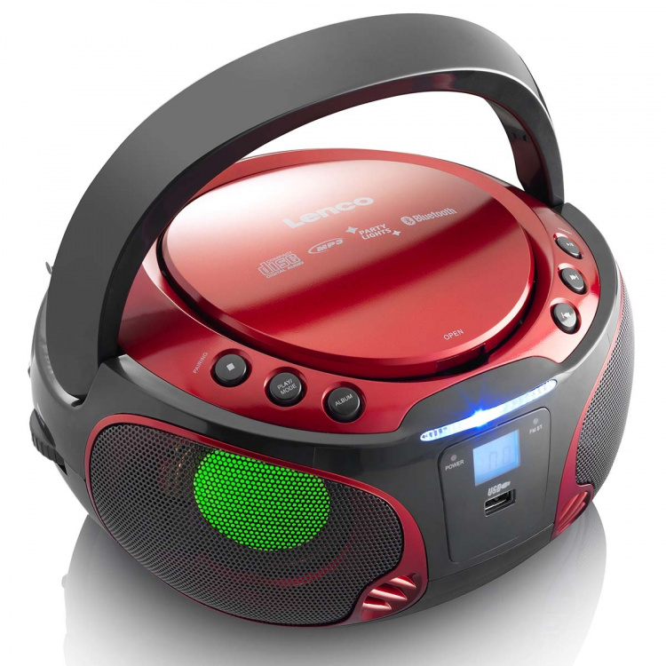 Lenco Kannettava FM-radio CD / MP3 / USB / Bluetooth-soitin® LED-valaistuksella Punainen Lenco Kannettava FM-radio CD / MP3 / USB / Bluetooth-soitin® LED-valaistuksella Punainen