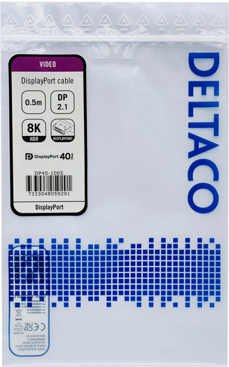DELTACO DisplayPort cable, DP 2.1, DP40, 0,5m