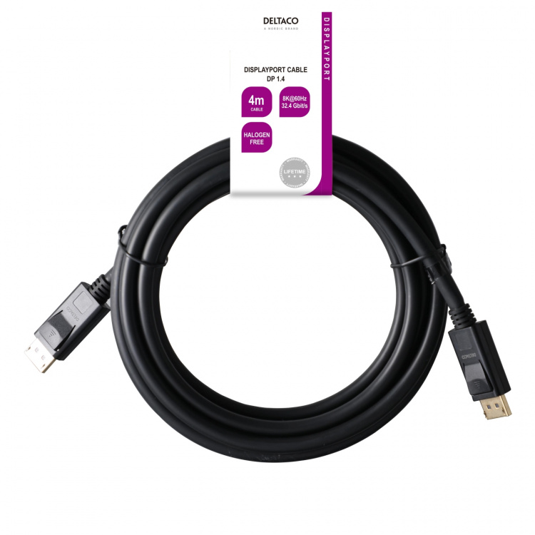 DELTACO DisplayPort cable, DP 1.4, 8K@30Hz, 4m, black