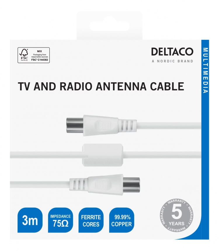 DELTACO Antenna cable, 75 Ohm nickel-plated connectors, 3m, white