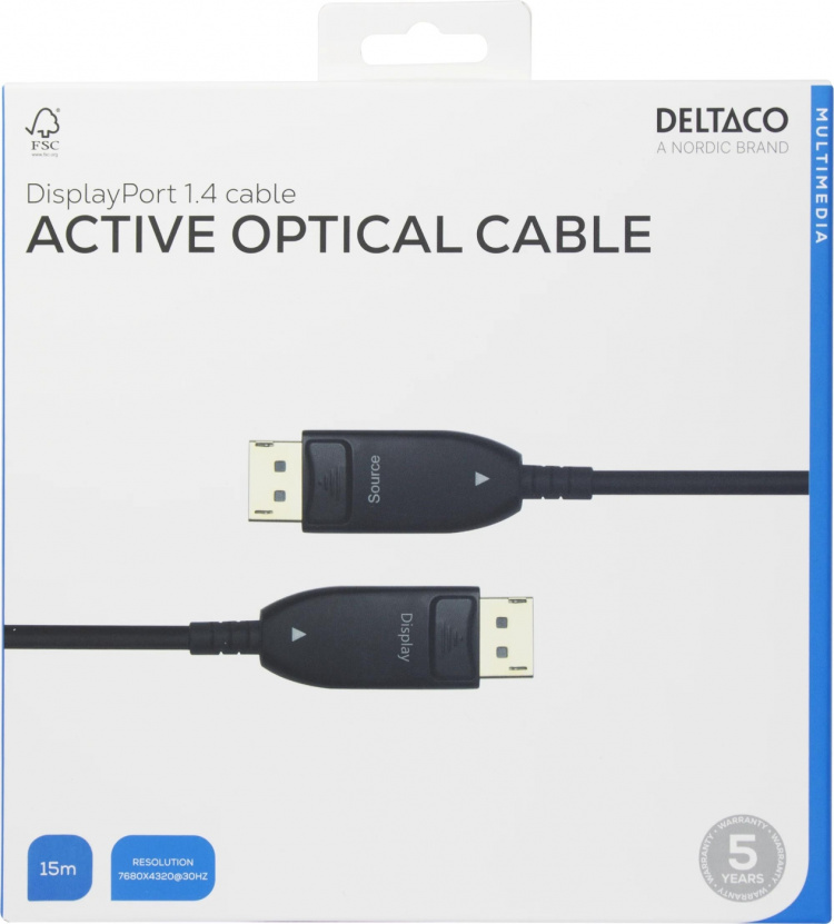 DELTACO Displayport 1.4 cable, AOC, 8K@30Hz, 15m, black