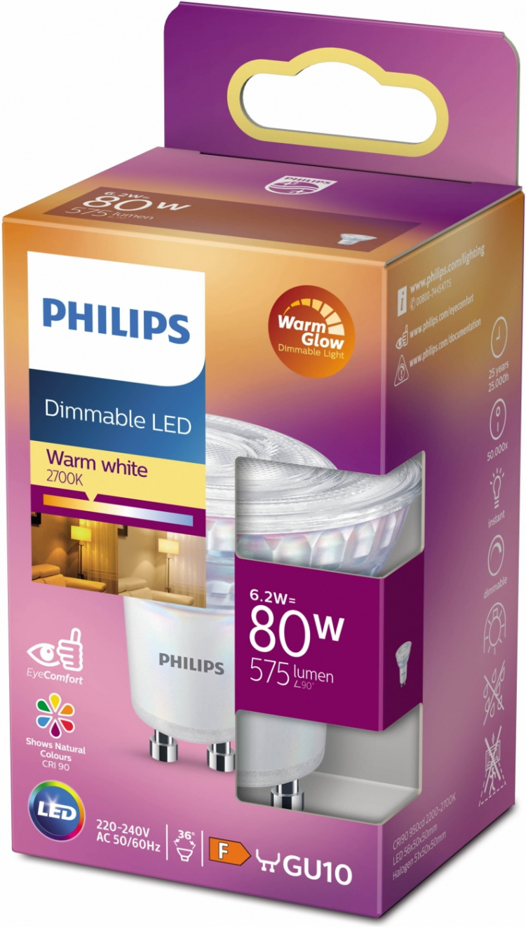 Philips Warm Glow LED -spottilamppu, GU10, 2200-2700 K, 575 lm, himmennettävä