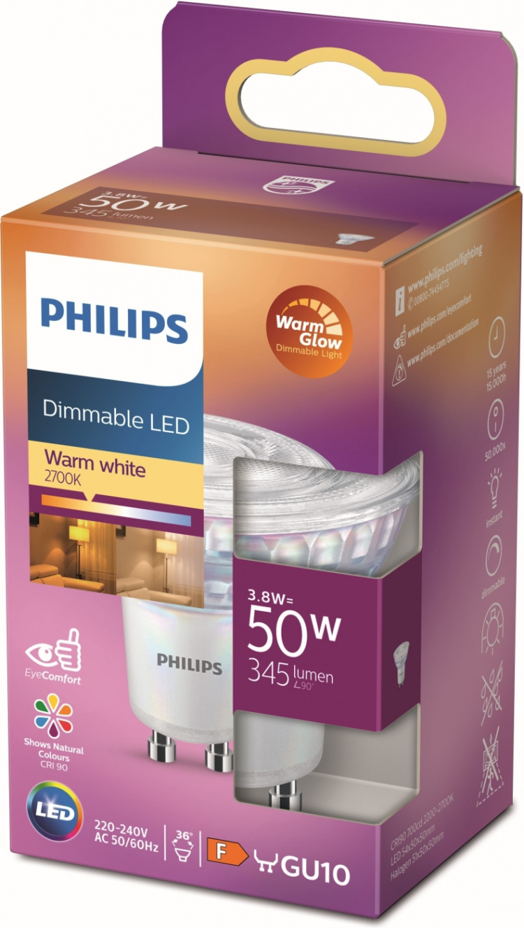 Philips Warm Glow LED -spottilamppu, GU10, 2200-2700 K, 345 lm, himmennettävä
