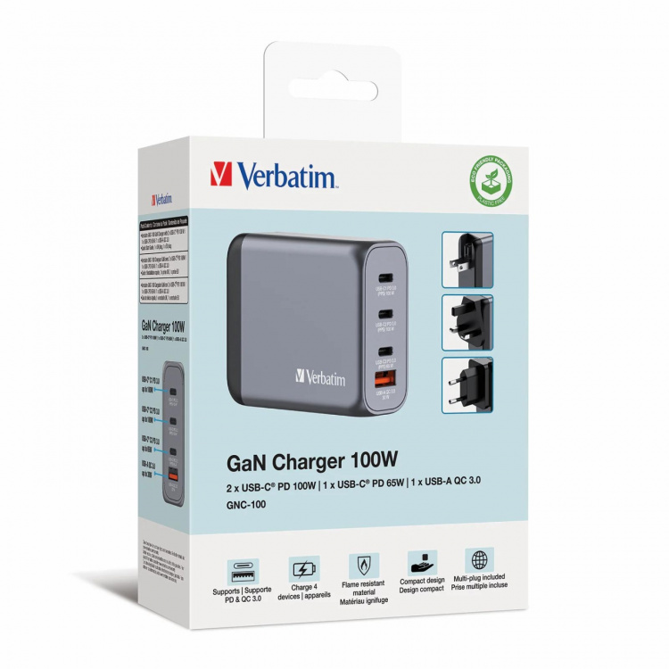 Verbatim GNC-100 GaN Charger 100W with 1 x USB-C® PD 100W