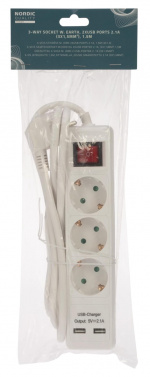 Nordic Quality 3-vägskontakt jordad, 2xUSB-A (3x1,5mm²), 1,5m