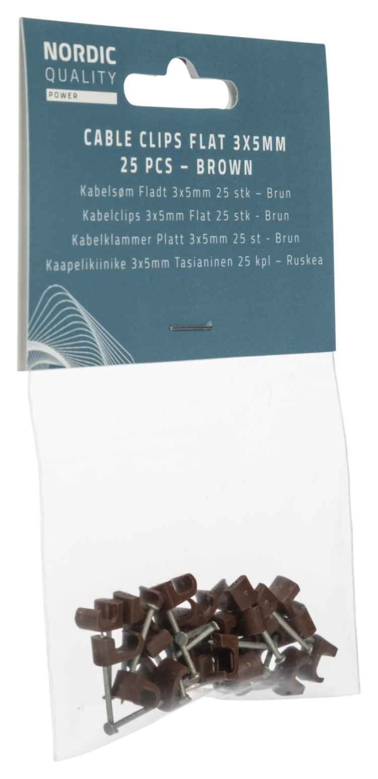 Nordic Quality Kabelklipps 3x5mm, Brun, 25 st