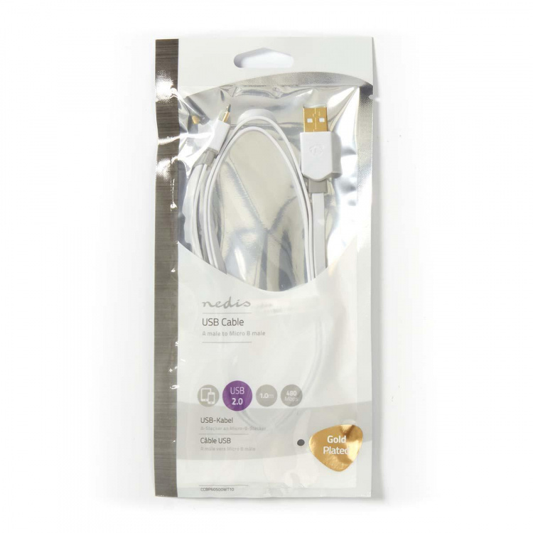 Nedis USB kaapeli | USB 2.0 | USB-A Uros | USB Micro-B Uros | 480 Mbps | Kullattu | 1.00 m | Litteä | PVC | Valkoinen | Muovipussi