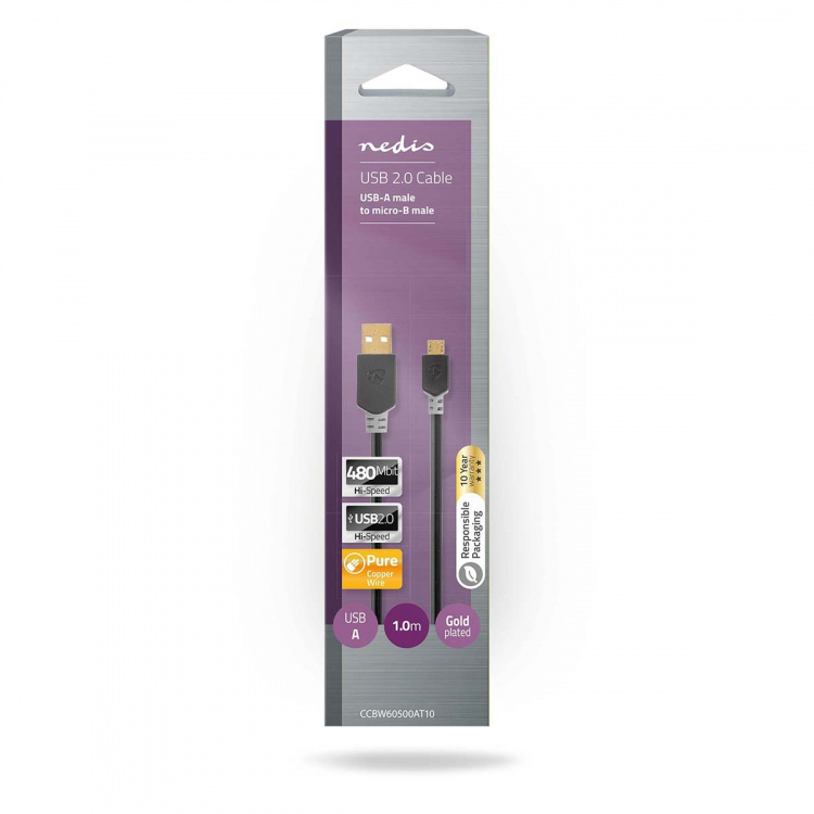 Nedis USB kaapeli | USB 2.0 | USB-A Uros | USB Micro-B Uros | 480 Mbps | Kullattu | 1.00 m | Pyöreä | PVC | Antrasiitti | Laatikko