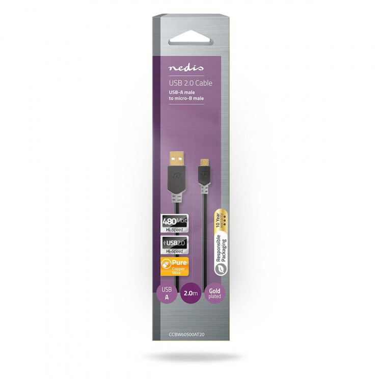 Nedis USB kaapeli | USB 2.0 | USB-A Uros | USB Micro-B Uros | 480 Mbps | Kullattu | 2.00 m | Pyöreä | PVC | Antrasiitti | Laatikko Nedis USB kaapeli | USB 2.0 | USB-A Uros | USB Micro-B Uros | 480 Mbps | Kullattu | 2.00 m | Pyöreä | PVC | Antrasiitti | Laatikko