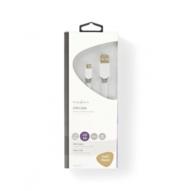 Nedis USB kaapeli | USB 2.0 | USB-A Uros | USB Micro-B Uros | 480 Mbps | Kullattu | 1.00 m | Litteä | PVC | Valkoinen | Ikkunallinen laatikko