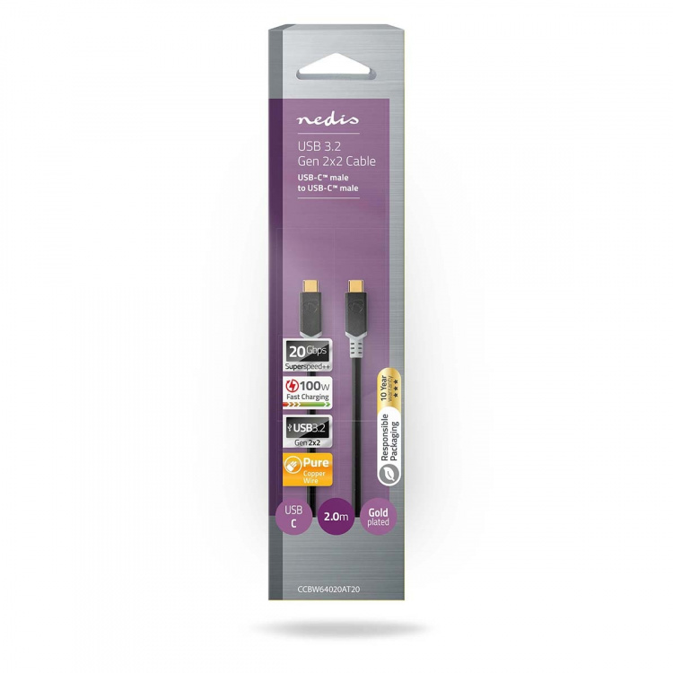 Nedis USB kaapeli | USB 3.2 Gen 2x2 | USB-C™ Uros | USB-C™ Uros | 100 W | 4K@60Hz | 20 Gbps | Kullattu | 2.00 m | Pyöreä | PVC | Hopea | Laatikko Nedis USB kaapeli | USB 3.2 Gen 2x2 | USB-C™ Uros | USB-C™ Uros | 100 W | 4K@60Hz | 20 Gbps | Kullattu | 2.00 m | Pyöreä | PVC | Hopea | Laatikko