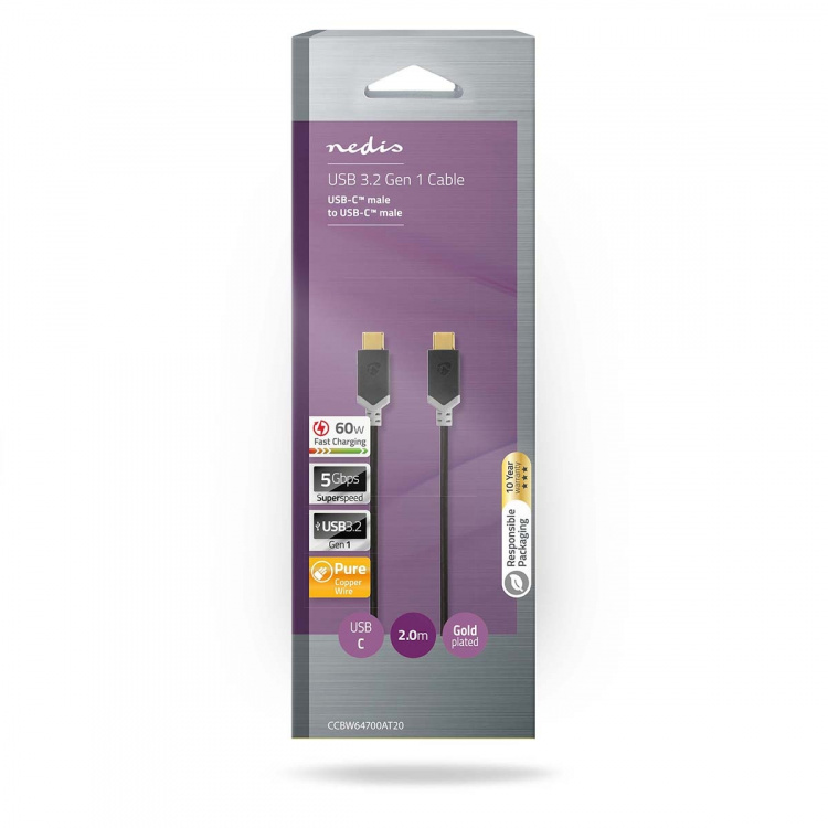 Nedis USB kaapeli | USB 3.2 Gen 1 | USB-C™ Uros | USB-C™ Uros | 60 W | 4K@60Hz | 5 Gbps | Kullattu | 2.00 m | Pyöreä | PVC | Musta | Laatikko