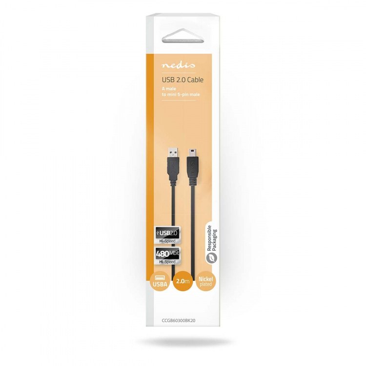 Nedis USB kaapeli | USB 2.0 | USB-A Uros | USB Mini-B 5 pin Uros | 480 Mbps | Niklattu | 2.00 m | Pyöreä | PVC | Musta | Laatikko