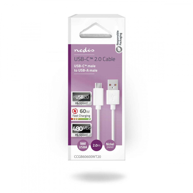 Nedis USB kaapeli | USB 2.0 | USB-A Uros | USB-C™ Uros | 60 W | 480 Mbps | Niklattu | 2.00 m | Pyöreä | PVC | Valkoinen | Laatikko