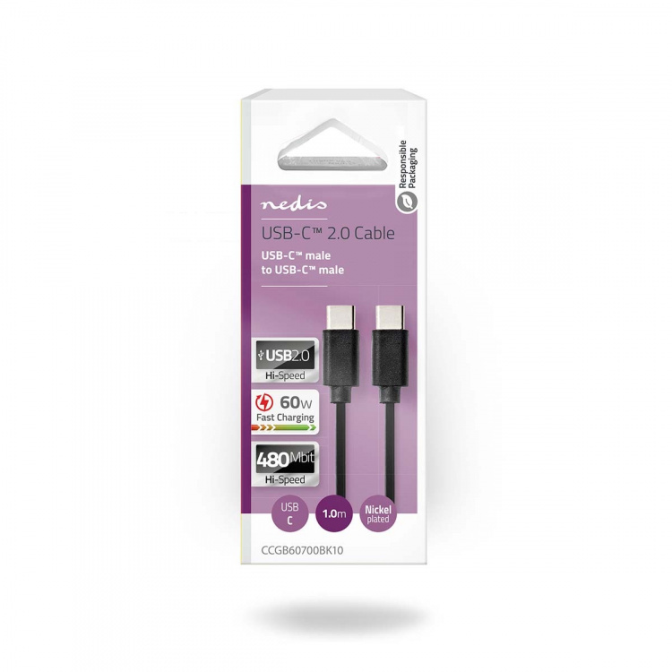 Nedis USB kaapeli | USB 2.0 | USB-C™ Uros | USB-C™ Uros | 60 W | 480 Mbps | Niklattu | 1.00 m | Pyöreä | PVC | Musta | Laatikko Nedis USB kaapeli | USB 2.0 | USB-C™ Uros | USB-C™ Uros | 60 W | 480 Mbps | Niklattu | 1.00 m | Pyöreä | PVC | Musta | Laatikko