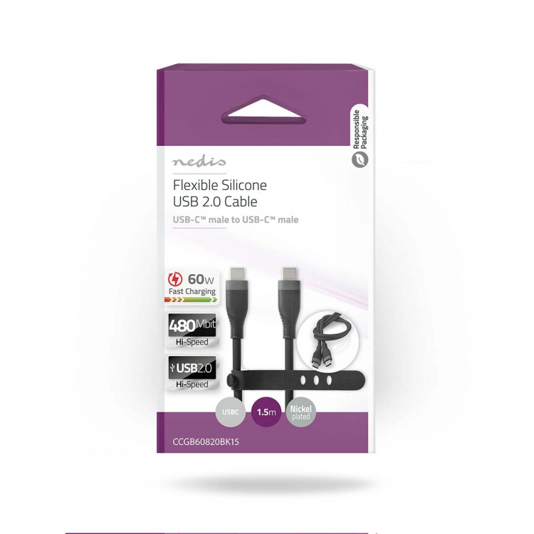 Nedis USB kaapeli | USB 2.0 | USB-C™ Uros | USB-C™ Uros | 60 W | 480 Mbps | Niklattu | 1.50 m | Pyöreä | Silikoni | Musta | Laatikko