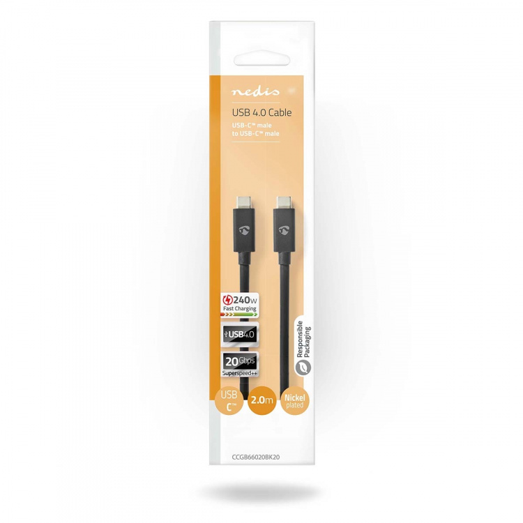Nedis USB kaapeli | USB 4.0 Gen 2x2 | USB-C™ Uros | USB-C™ Uros | 240 W | 8K@60Hz | 20 Gbps | Niklattu | 2.00 m | Pyöreä | PVC | Musta | Laatikko